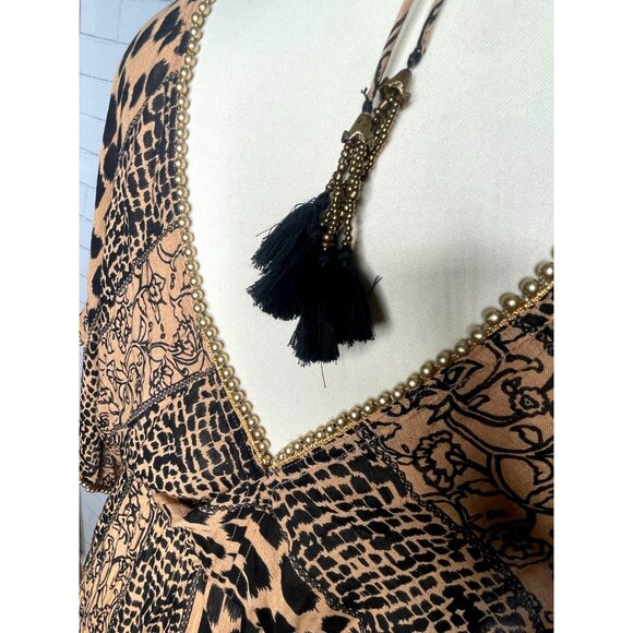 Anthropologie L Animal Print Kaftan Maxi Dress Flowy Coverup Elastic Waist Brown - Picture 7 of 9